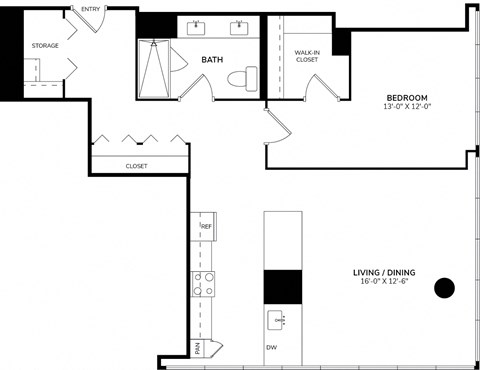 A floor plan of a home with a living room, dining room, bedroom, bathroom, and storage.